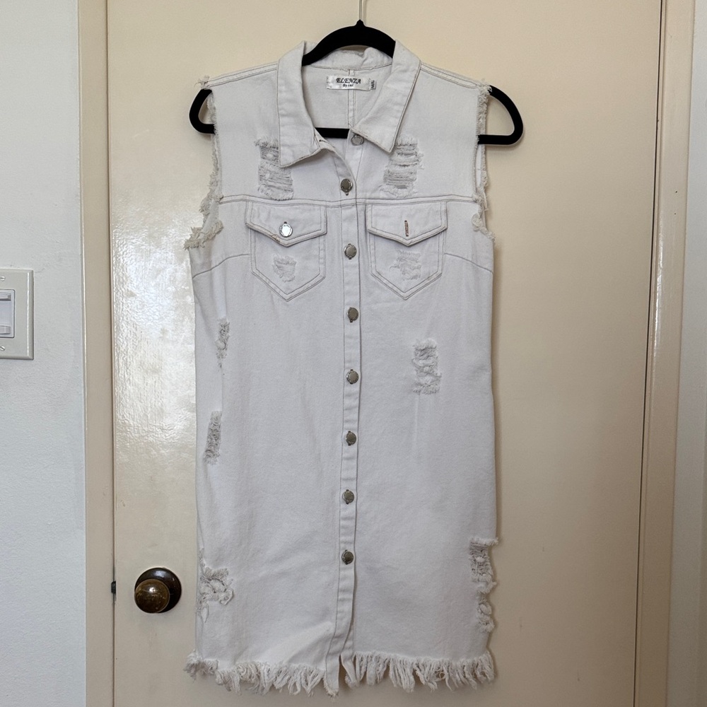 Elenza by L&L White Distressed Sleeveless button down Denim Dress